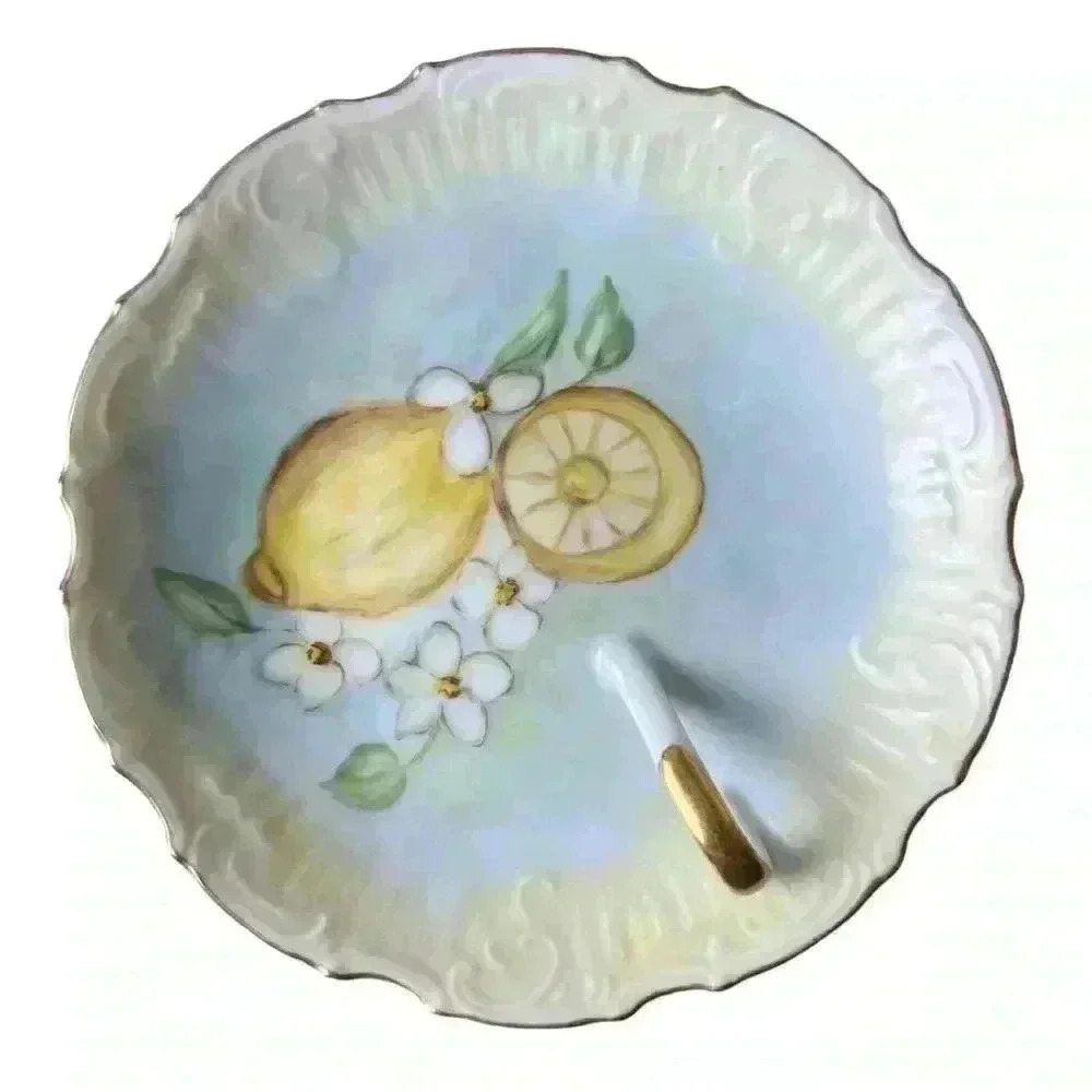 Vintage Hand Painted Nappy Lemon Dish With Gold Accent  Handle Signed